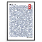 Ladda upp bild till gallerivisning, Japanske plakater | Minimalist Japanese poster with traditional blue Seigaiha wave patterns and the word &quot;Mugen&quot; (infinity) in Kanji and English.
