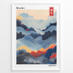 Ladda upp bild till gallerivisning, Japanske plakater | Framed artwork titled &quot;Nami&quot; showing a stylized Japanese landscape of flowing waves and foliage in blue, red, and yellow tones with intricate line patterns, and Japanese text in the top right and bottom right corners.

