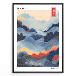 Ladda upp bild till gallerivisning, Japanske plakater | Framed artwork titled &quot;Nami&quot; showing a stylized Japanese landscape of flowing waves and foliage in blue, red, and yellow tones with intricate line patterns, and Japanese text in the top right and bottom right corners.
