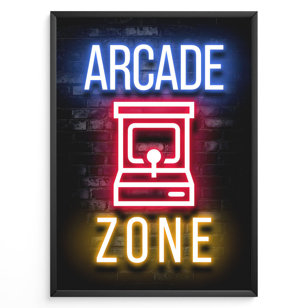 Arcade Zone gaming plakat | Retro neon-design med arkademaskine og farverige lys – perfekt til gamerhjørnet