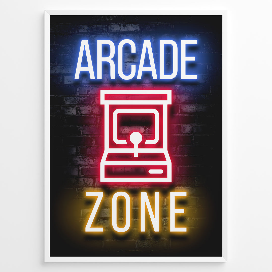 Arcade Zone gaming plakat | Retro neon-design med arkademaskine og farverige lys – perfekt til gamerhjørnet