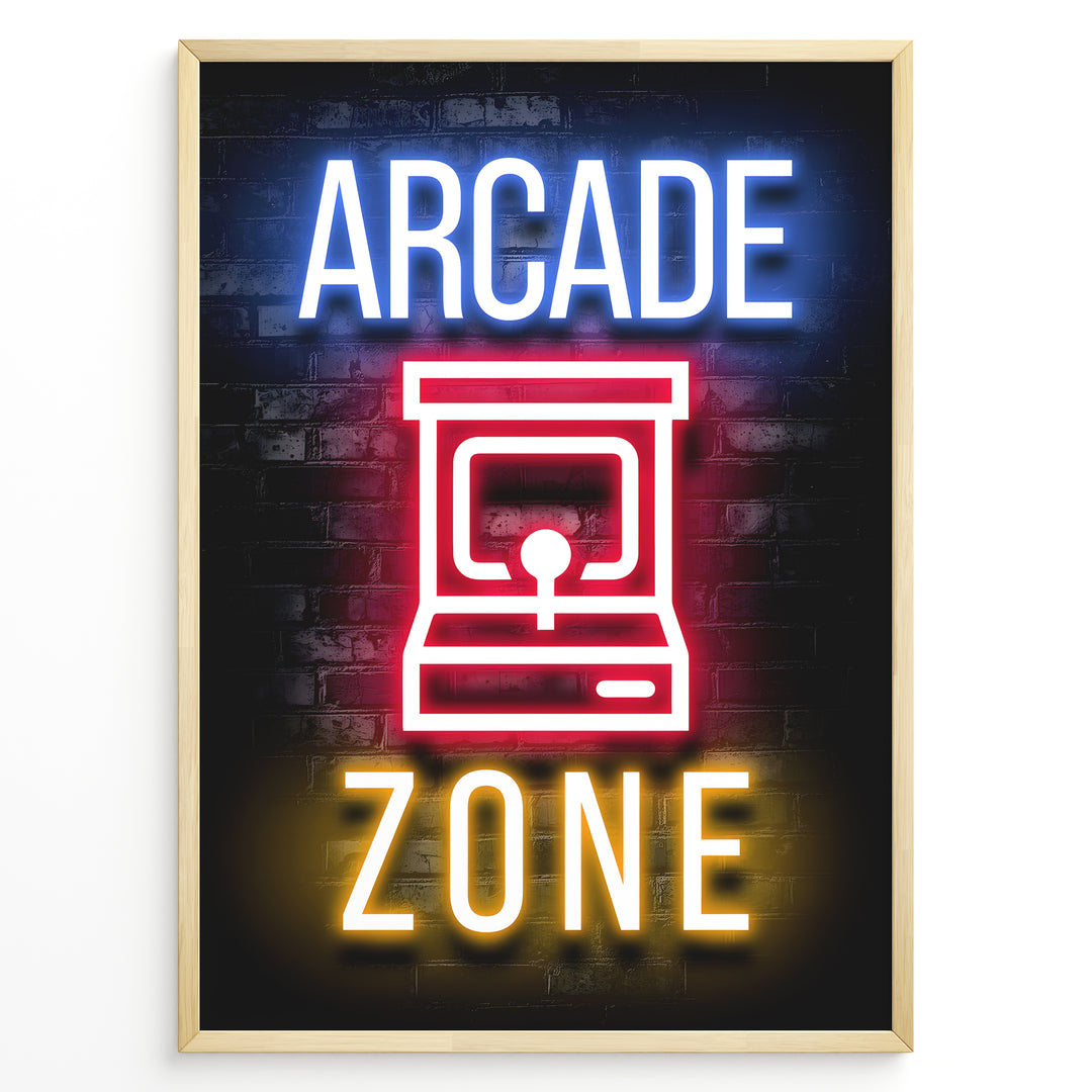 Arcade Zone gaming plakat | Retro neon-design med arkademaskine og farverige lys – perfekt til gamerhjørnet