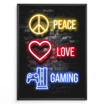 Ladda upp bild till gallerivisning, Peace Love Gaming plakat | Farverig neonkunst med fredstegn, hjerte og spillekonsol – perfekt til gamere med stil og sjæl – Plakaty.dk
