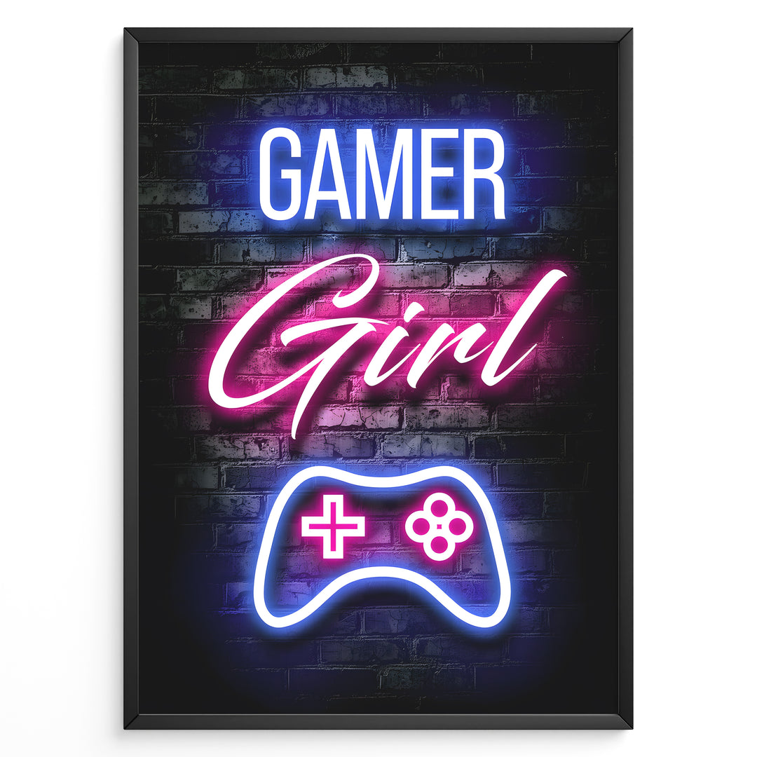 Gamer Girl gaming plakat | Neon design i pink og blå med controller mens du spiller Minecraft