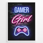 Ladda upp bild till gallerivisning, Gamer Girl gaming plakat | Neon design i pink og blå med controller mens du spiller Minecraft
