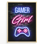 Ladda upp bild till gallerivisning, Gamer Girl gaming plakat | Neon design i pink og blå med controller mens du spiller Minecraft
