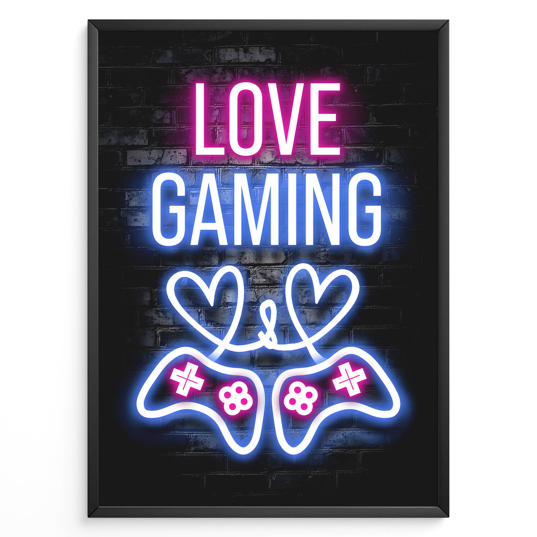Love Gaming gaming plakat | Neon hjerter og controllere i pink og blå – kærlig og stilfuld gaming plakat fra Plakaty.dk