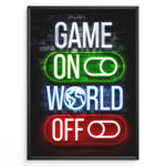 Ladda upp bild till gallerivisning, Game On World Off gaming plakat | Neon tekst og symboler i grøn, blå og rød – cool gamerplakat fra Plakaty.dk til seriøse gaming sessions
