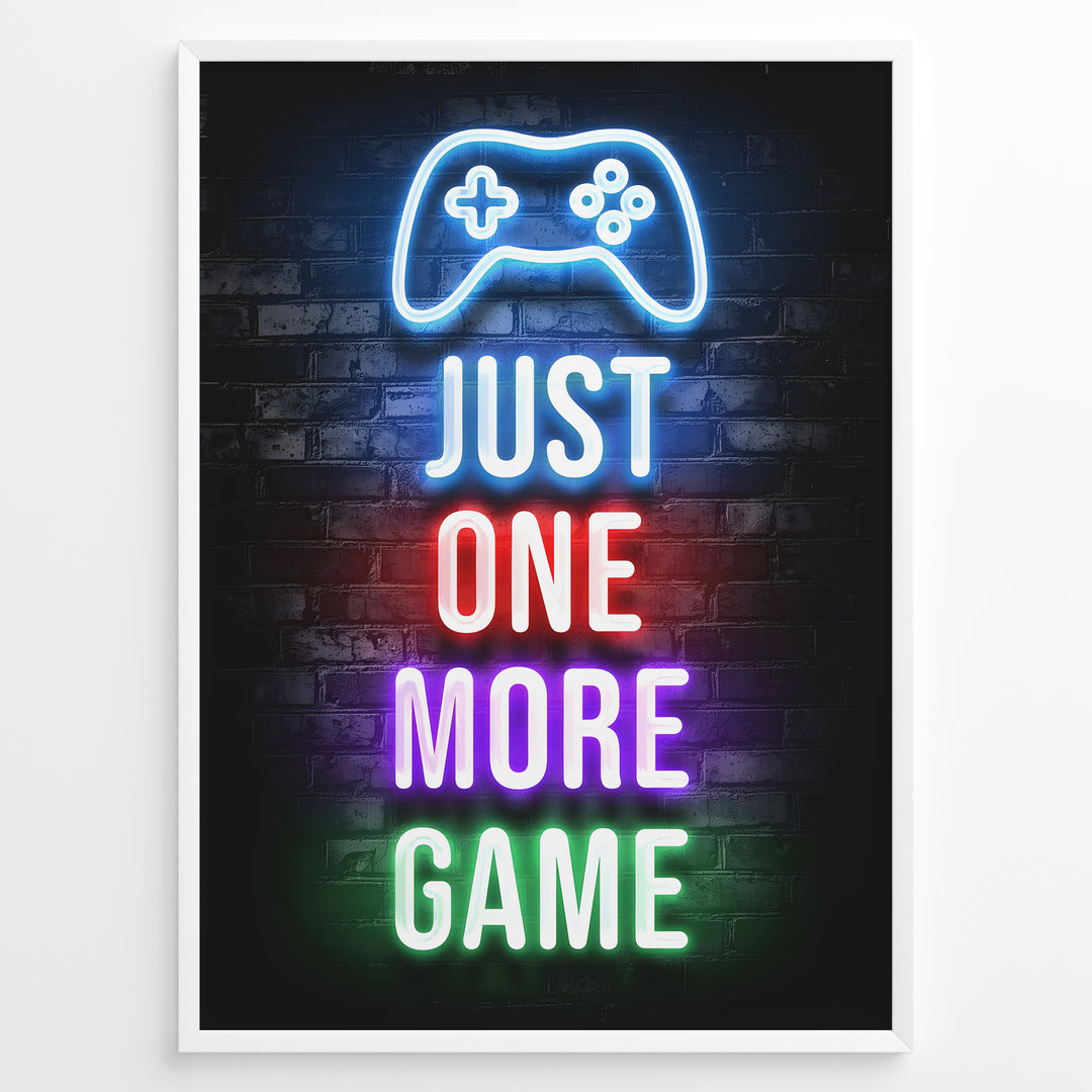 Just One More Game gaming plakat | Neon controller og tekst i flere farver mens du spiller Roblox