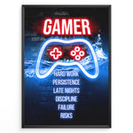 Ladda upp bild till gallerivisning, Gamer Hard Work gaming plakat | Neoncontroller og stærke ord som hard work og discipline – en motiverende gaming plakat fra Plakaty.dk

