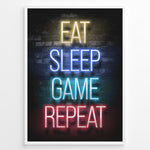 Ladda upp bild till gallerivisning, Eat Sleep Game Repeat gaming plakat | Neon tekst i gult blå cyan og rød mens du spiller Call of Duty
