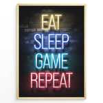 Ladda upp bild till gallerivisning, Eat Sleep Game Repeat gaming plakat | Neon tekst i gult blå cyan og rød mens du spiller Call of Duty
