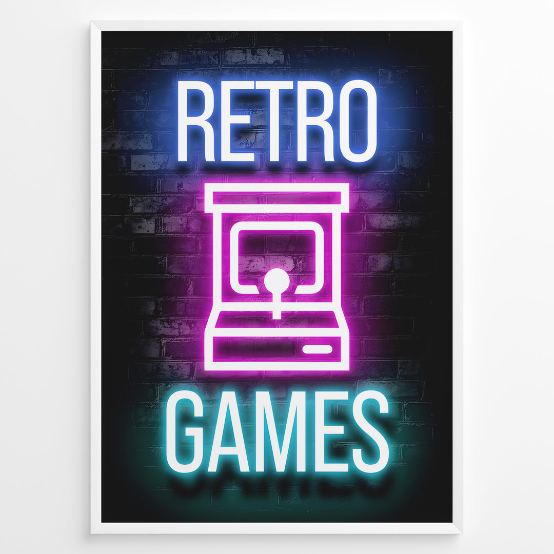 Retro Games gaming plakat | Neon arkademaskine i pink og blå mens du spiller Pac Man