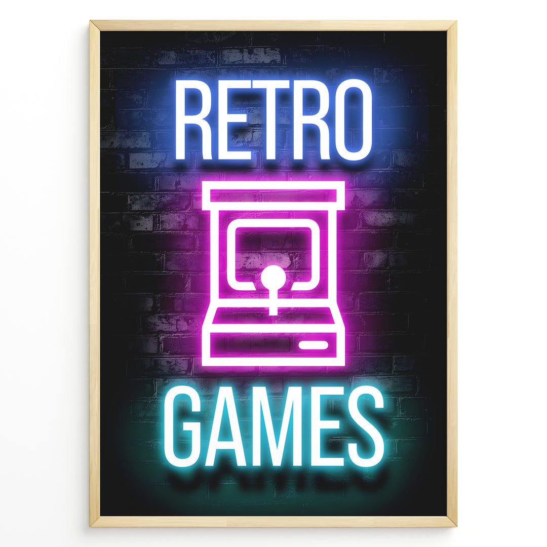 Retro Games gaming plakat | Neon arkademaskine i pink og blå mens du spiller Pac Man