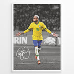 Ladda upp bild till gallerivisning, Framed plakat of Neymar Jr. celebrating in Brazil national team jersey with a black and white background and visible autograph
