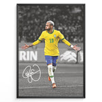 Ladda upp bild till gallerivisning, Framed plakat of Neymar Jr. celebrating in Brazil national team jersey with a black and white background and visible autograph
