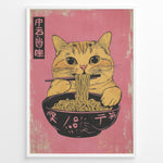 Ladda upp bild till gallerivisning, Japanske plakater | Illustration of a cute orange tabby cat eating ramen with chopsticks against a pink background in a Japanese pop art style.
