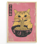 Ladda upp bild till gallerivisning, Japanske plakater | Illustration of a cute orange tabby cat eating ramen with chopsticks against a pink background in a Japanese pop art style.
