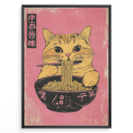 Ladda upp bild till gallerivisning, Japanske plakater | Illustration of a cute orange tabby cat eating ramen with chopsticks against a pink background in a Japanese pop art style.
