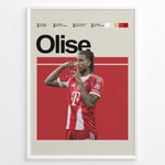 Ladda upp bild till gallerivisning, Michael Olise fodbold plakat i Bayern Münchens røde hjemmebanetrøje med moderne stilrent design
