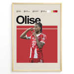 Ladda upp bild till gallerivisning, Michael Olise fodbold plakat i Bayern Münchens røde hjemmebanetrøje med moderne stilrent design
