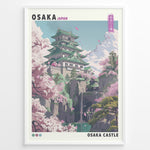 Ladda upp bild till gallerivisning, Japanske plakater | Colorful illustration of Osaka Castle in Japan, surrounded by cherry blossom trees, rocky cliffs, and a waterfall with distant mountains under a blue sky.
