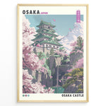 Ladda upp bild till gallerivisning, Japanske plakater | Colorful illustration of Osaka Castle in Japan, surrounded by cherry blossom trees, rocky cliffs, and a waterfall with distant mountains under a blue sky.
