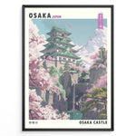 Ladda upp bild till gallerivisning, Japanske plakater | Colorful illustration of Osaka Castle in Japan, surrounded by cherry blossom trees, rocky cliffs, and a waterfall with distant mountains under a blue sky.

