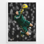 Ladda upp bild till gallerivisning, Petr Čech wearing a Chelsea goalkeeper kit and diving to save the football. The poster features a black and white stadium background with highlighted green and yellow colors.

