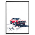 Ladda upp bild till gallerivisning, Framed poster of a red classic Ford Mustang on a white background with dynamic tire marks below.
