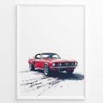 Ladda upp bild till gallerivisning, Framed poster of a red classic Ford Mustang on a white background with dynamic tire marks below.

