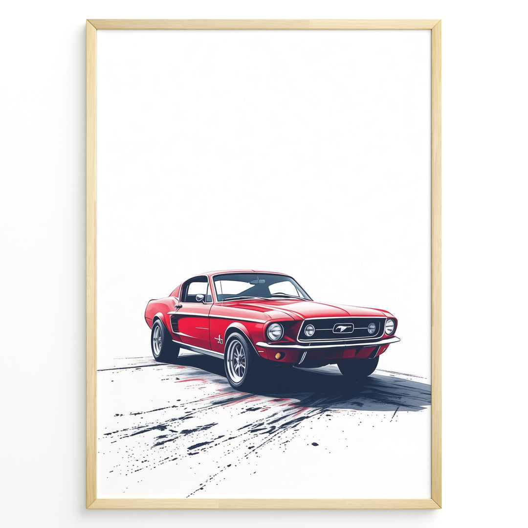 Framed poster of a red classic Ford Mustang on a white background with dynamic tire marks below.