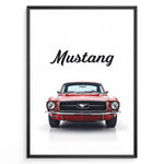 Ladda upp bild till gallerivisning, Framed poster of a red classic Ford Mustang front view with the word “Mustang” written above.
