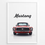 Ladda upp bild till gallerivisning, Framed poster of a red classic Ford Mustang front view with the word “Mustang” written above.
