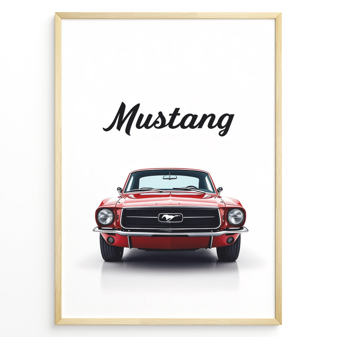 Framed poster of a red classic Ford Mustang front view with the word “Mustang” written above.