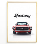Ladda upp bild till gallerivisning, Framed poster of a red classic Ford Mustang front view with the word “Mustang” written above.
