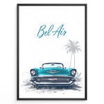 Ladda upp bild till gallerivisning, Framed poster of a turquoise Chevrolet Bel Air front view with “Bel Air” text and palm trees in the background.
