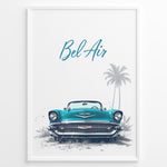 Ladda upp bild till gallerivisning, Framed poster of a turquoise Chevrolet Bel Air front view with “Bel Air” text and palm trees in the background.
