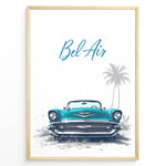 Ladda upp bild till gallerivisning, Framed poster of a turquoise Chevrolet Bel Air front view with “Bel Air” text and palm trees in the background.
