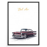 Ladda upp bild till gallerivisning, Framed poster of a red Chevrolet Bel Air classic car with “Bel Air” text in gold on a white background.
