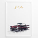 Ladda upp bild till gallerivisning, Framed poster of a red Chevrolet Bel Air classic car with “Bel Air” text in gold on a white background.
