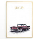 Ladda upp bild till gallerivisning, Framed poster of a red Chevrolet Bel Air classic car with “Bel Air” text in gold on a white background.
