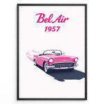 Ladda upp bild till gallerivisning, Framed poster of a pink 1957 Chevrolet Bel Air convertible with “Bel Air 1957” text in bold pink font.
