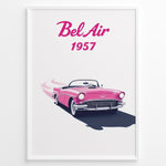 Ladda upp bild till gallerivisning, Framed poster of a pink 1957 Chevrolet Bel Air convertible with “Bel Air 1957” text in bold pink font.
