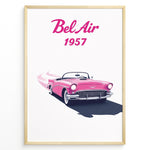 Ladda upp bild till gallerivisning, Framed poster of a pink 1957 Chevrolet Bel Air convertible with “Bel Air 1957” text in bold pink font.
