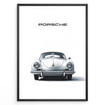 Ladda upp bild till gallerivisning, Framed minimalist poster of a silver Porsche 356 classic car viewed from the front with “Porsche” text above.
