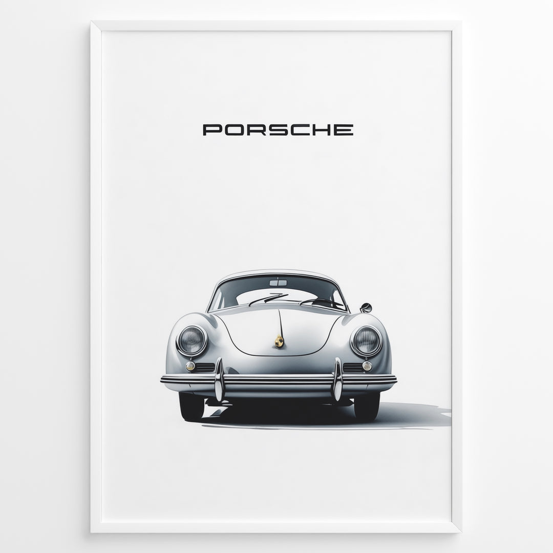 Framed minimalist poster of a silver Porsche 356 classic car viewed from the front with “Porsche” text above.