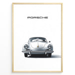 Ladda upp bild till gallerivisning, Framed minimalist poster of a silver Porsche 356 classic car viewed from the front with “Porsche” text above.
