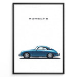 Ladda upp bild till gallerivisning, Framed minimalist poster of a blue Porsche 356 classic car side view with “Porsche” text above.
