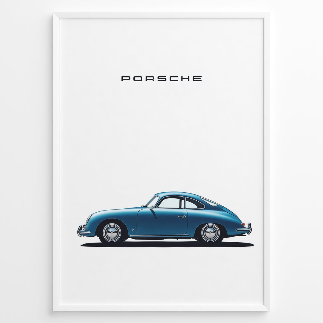 Framed minimalist poster of a blue Porsche 356 classic car side view with “Porsche” text above.
